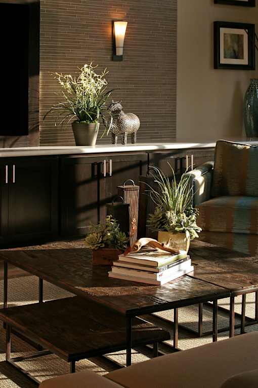 A living room with a couch, a coffee table, and a potted plant.