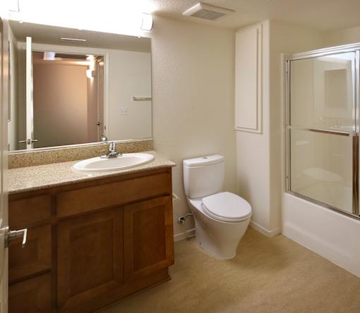 A bathroom with a toilet, sink, and mirror.