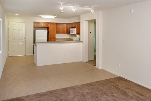 A kitchen area with a counter and cabinets.