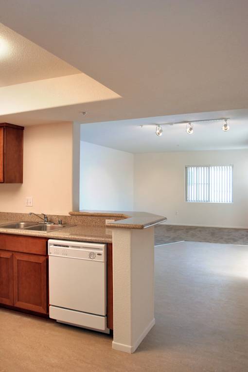 A kitchen with a white dishwasher and wooden cabinets.