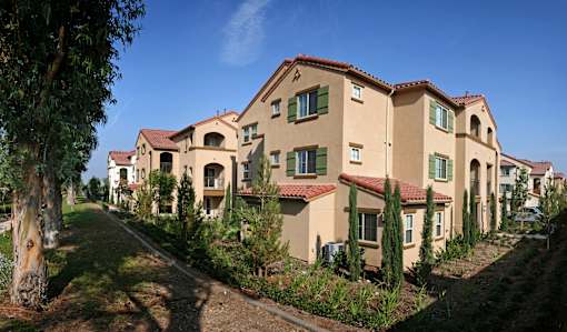 A row of houses with green trees in front.