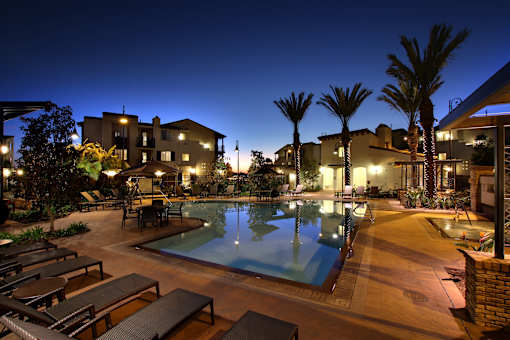 A pool area with lounge chairs and palm trees at night.