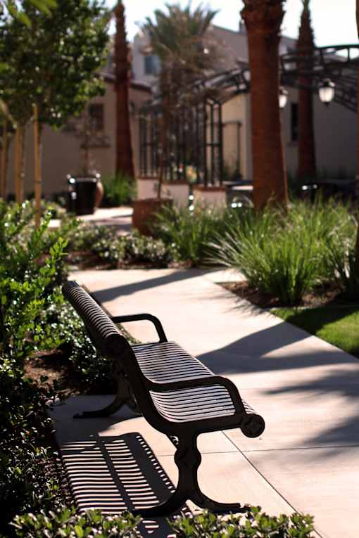 A park bench sits on a concrete path with green plants and trees in the background.