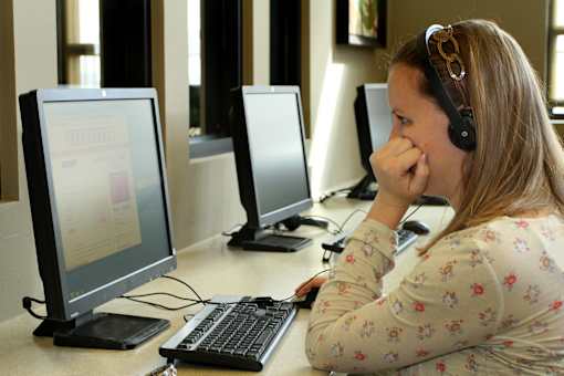 A woman is sitting in front of a computer with a headset on.