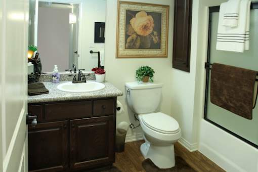 A bathroom with a toilet, sink, and a painting on the wall.