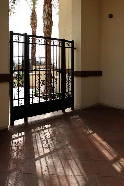 A black gate with a design on it is in the foreground of a photo showing a patio with a palm tree in the background.