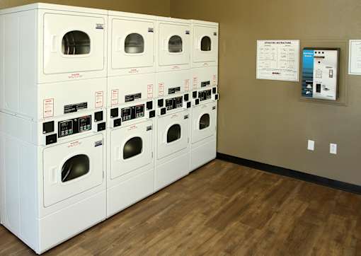A row of washing machines are lined up in a room.