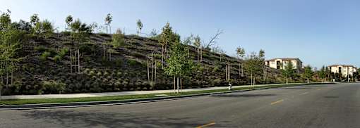 A long road with a hill of trees on the side.