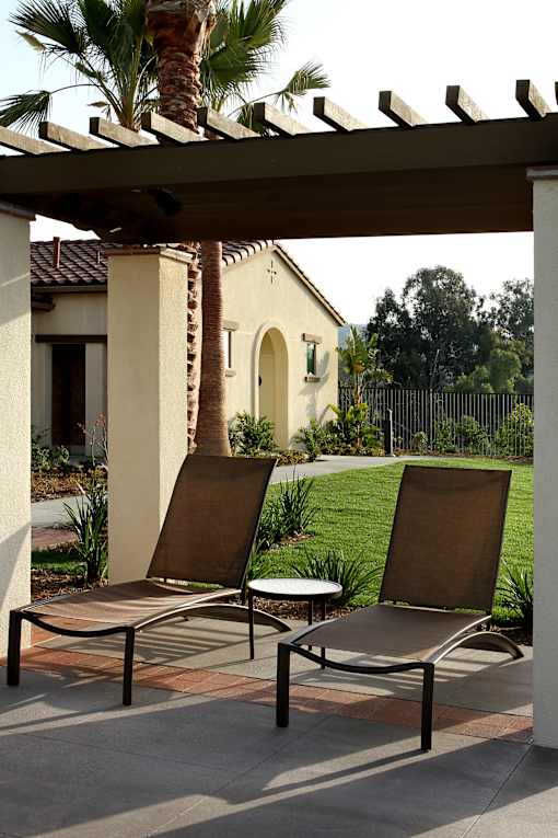 Two chairs are on a patio with a house and palm tree in the background.