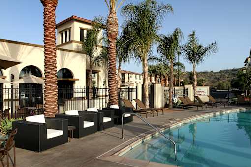 A pool area with palm trees and lounge chairs.