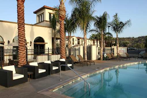A pool area with palm trees and lounge chairs.