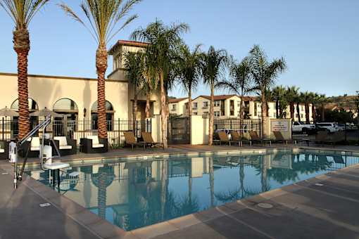 A pool surrounded by palm trees and chairs.