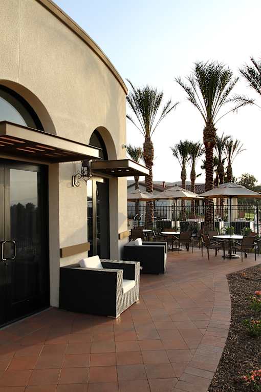 A patio with tables and chairs and palm trees in the background.