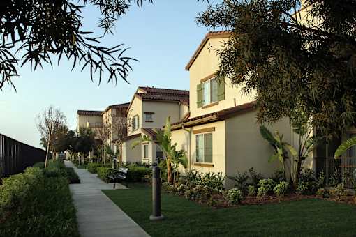 A residential street with houses and a sidewalk.