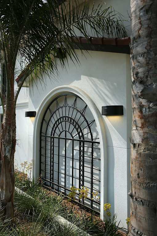 A white building with a black iron gate and a palm tree in front.
