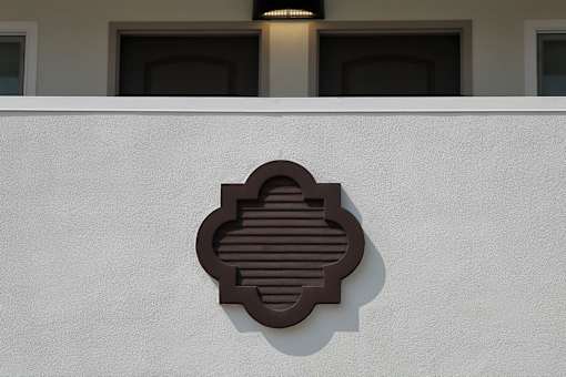 A decorative brown grill is on a white wall.