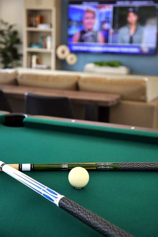 A pool table with a white ball and two pool cues.