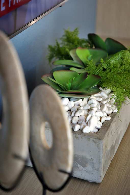 A decorative planter with succulents and moss sits on a wooden surface.