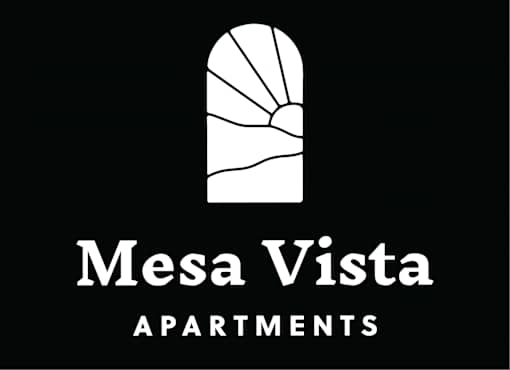 A black and white image of a stylized window with the words Mesa Vista Apartments.
