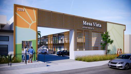 A modern apartment complex named Mesa Vista is depicted in the image.