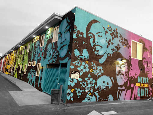 A wall of graffiti art featuring faces and flowers.