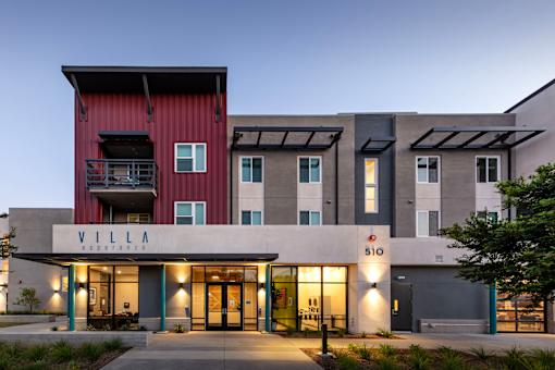A modern building with the word VILLA on the front.