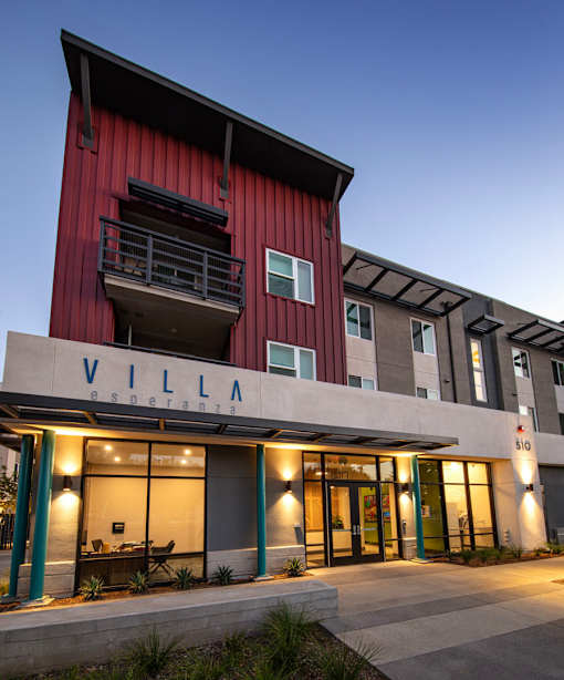 A red building with the word "VILLA" on it.