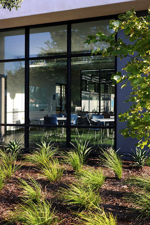 A modern building with glass walls and a garden in front.