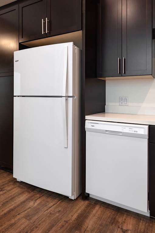 A white refrigerator and a white dishwasher in a kitchen.