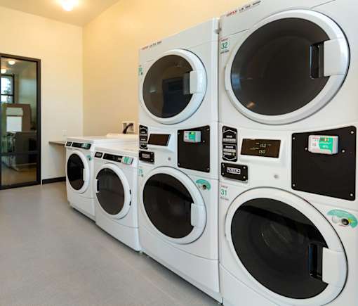 A row of white washing machines are lined up in a room.