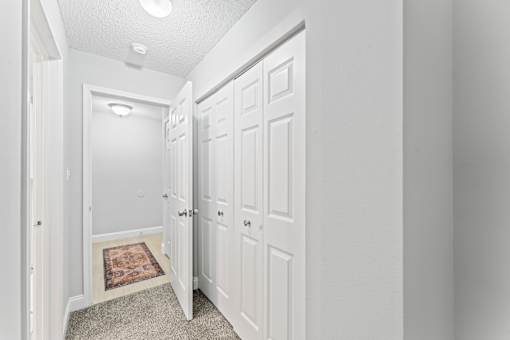 A hallway with white doors and a rug on the floor.