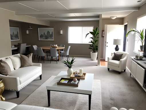 A living room with a white sofa, a grey coffee table, and a dining table with chairs.