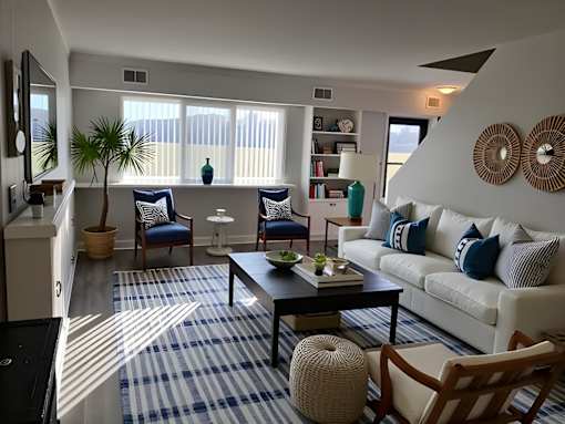 A living room with a white couch and a coffee table.