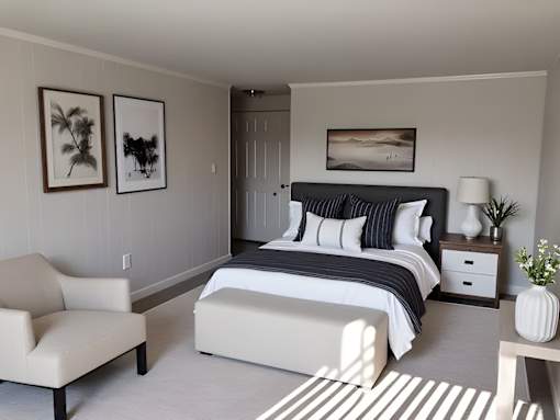A bedroom with a large bed and a chair.