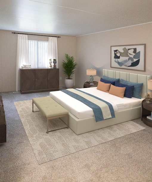 a bedroom with a white bed and a blue and white blanket