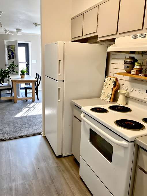 A white refrigerator and stove in a kitchen with a dining table and chairs in the background.