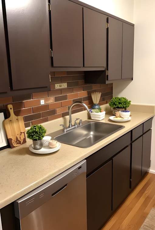 A kitchen with a stainless steel dishwasher and brown cabinets.