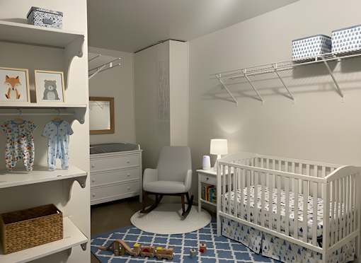 A baby nursery with a white crib, a chair, and a shelf with baby items.