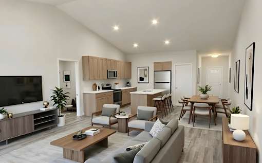 A modern living room with a grey sofa and wooden furniture.