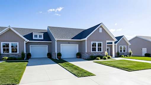A row of houses with garages and driveways.