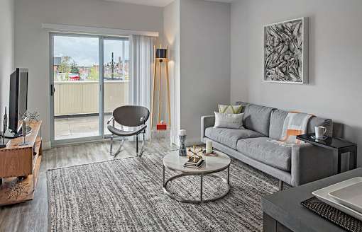 The Scott living room setup furnished with sliding door