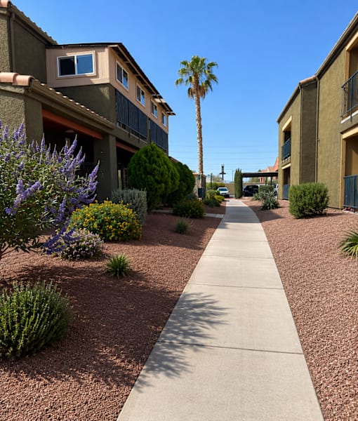 A long concrete pathway leads through a landscaped courtyard between two buildings.