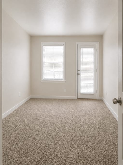 A room with a carpeted floor, two windows with blinds, and a closed door.
