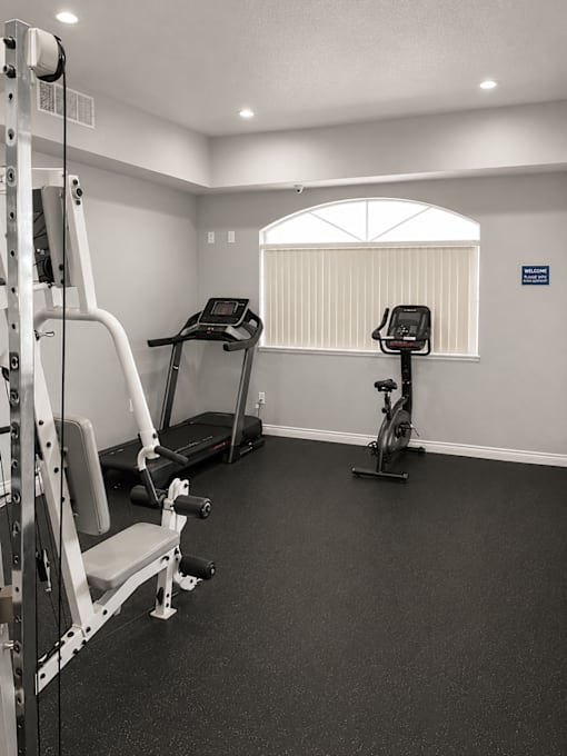 A gym with a treadmill, elliptical trainer and a lat pulldown machine.