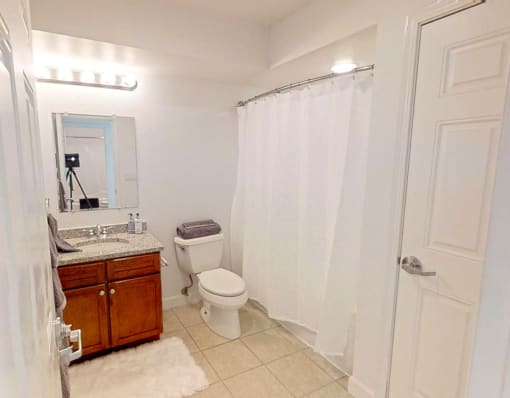a bathroom with a sink toilet and shower
