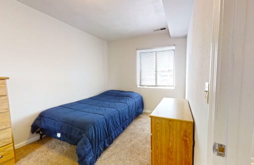 a bedroom with a bed and a dresser