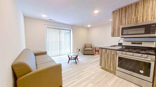 Apt #102 living room and kitchen view