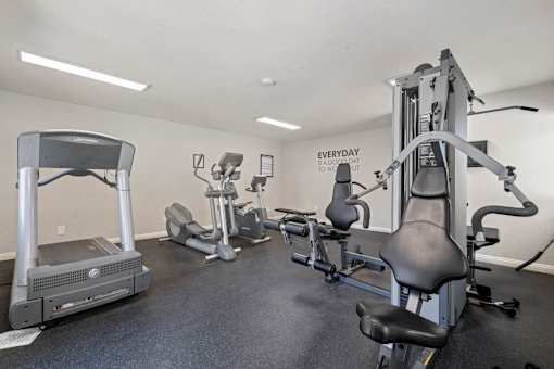 the gym is equipped with state of the art equipment including treadmills and weights