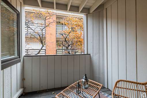 A balcony with a table and chairs overlooking a tree with yellow leaves.