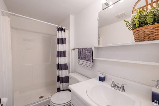 A white bathroom with a toilet, sink, and shower.